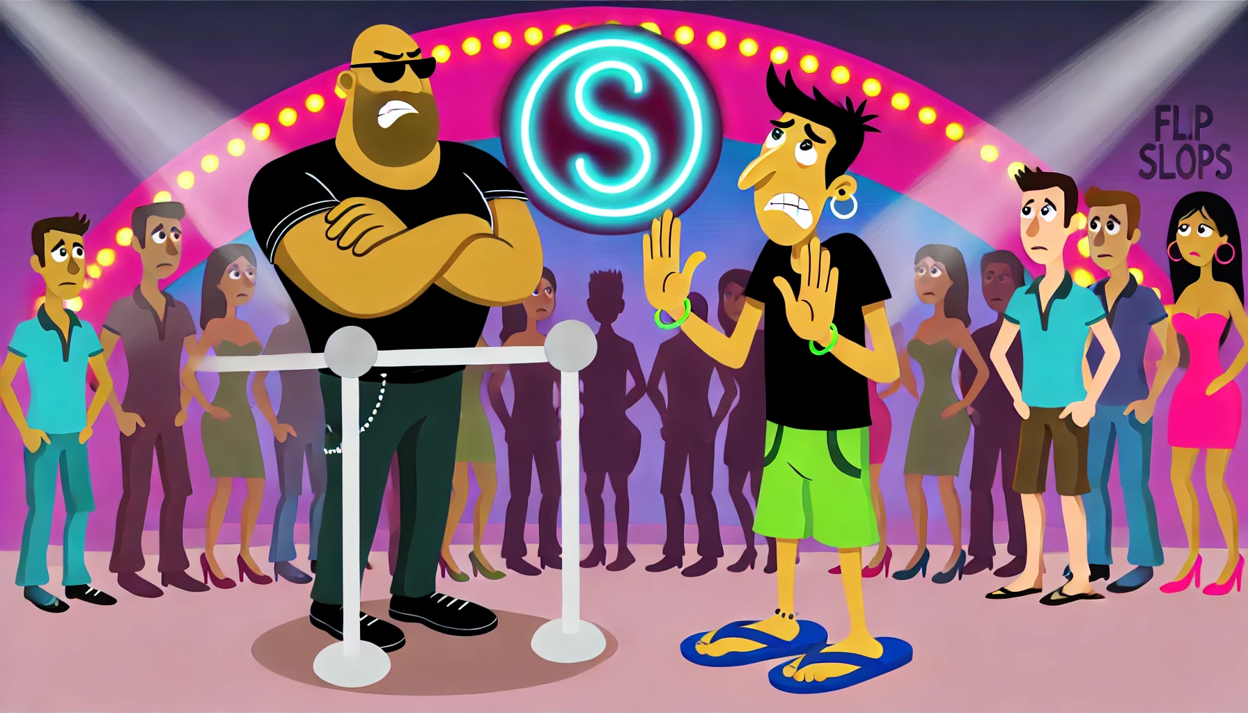 A bouncer refusing entry to a dude in flip flop. What was he thinking?