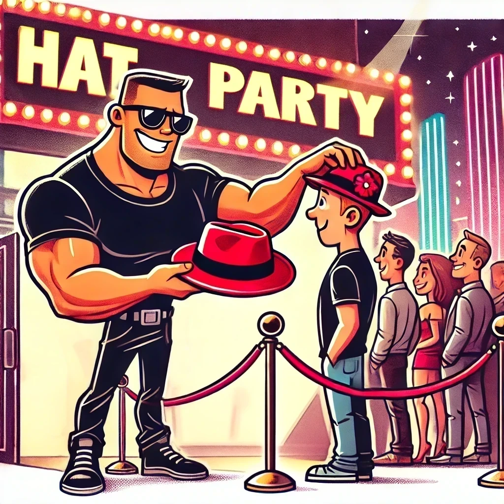 A bouncer adding a hat to customer before they get in a hat-only party