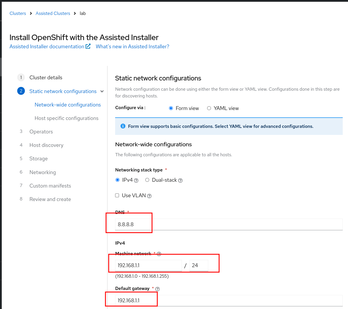Cluster network details configuration